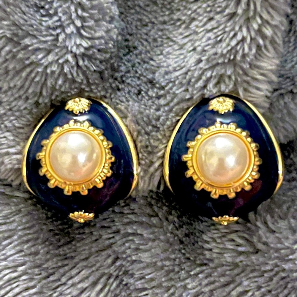 Joan Rivers Gold Faux Pearl and Blue Enamel Earrings